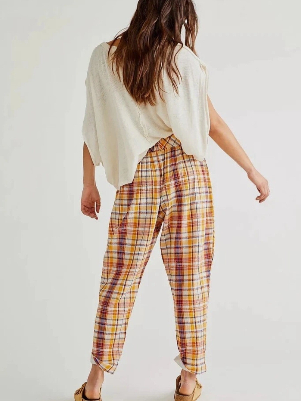FREE PEOPLE Make A Stand Plaid Trousers NWT Large Mustard Tartan Statement Pants - Picture 2 of 10